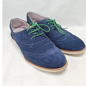 Johnston & Murphy Wingtip Oxford Womens 7M Navy Blue Suede Green Laces‎ Brogue